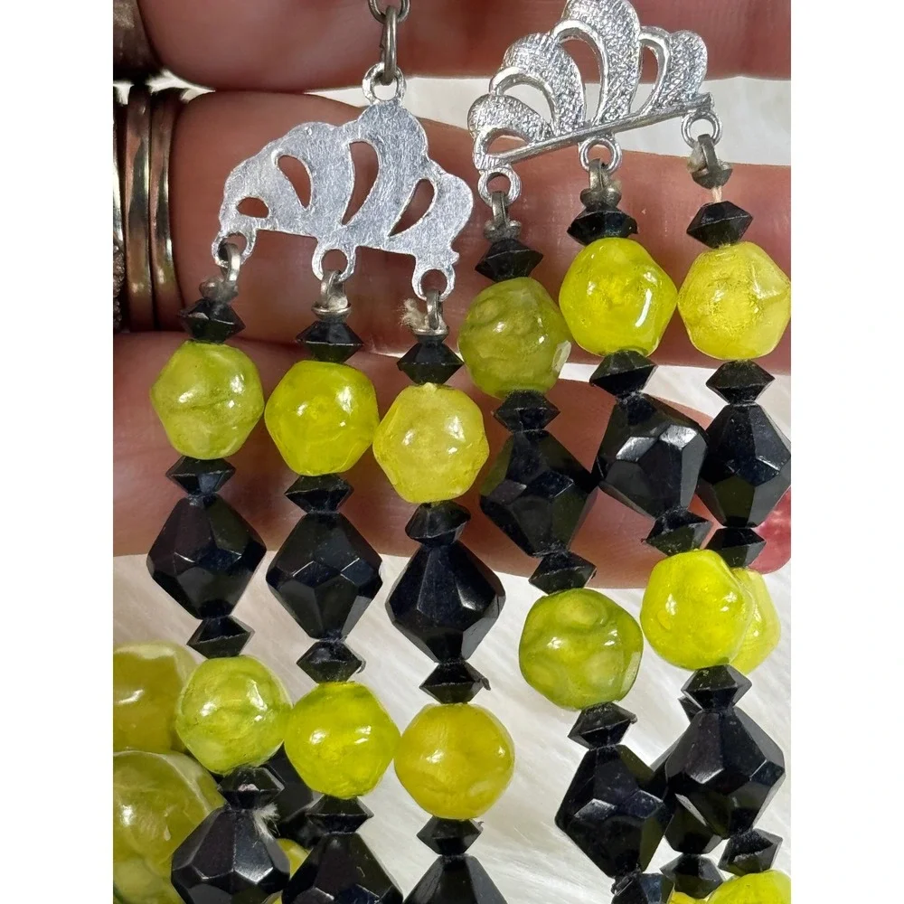 Vintage Hong Kong Lime Green Black Beaded 3‎ Strand Necklace Clip Earring Set